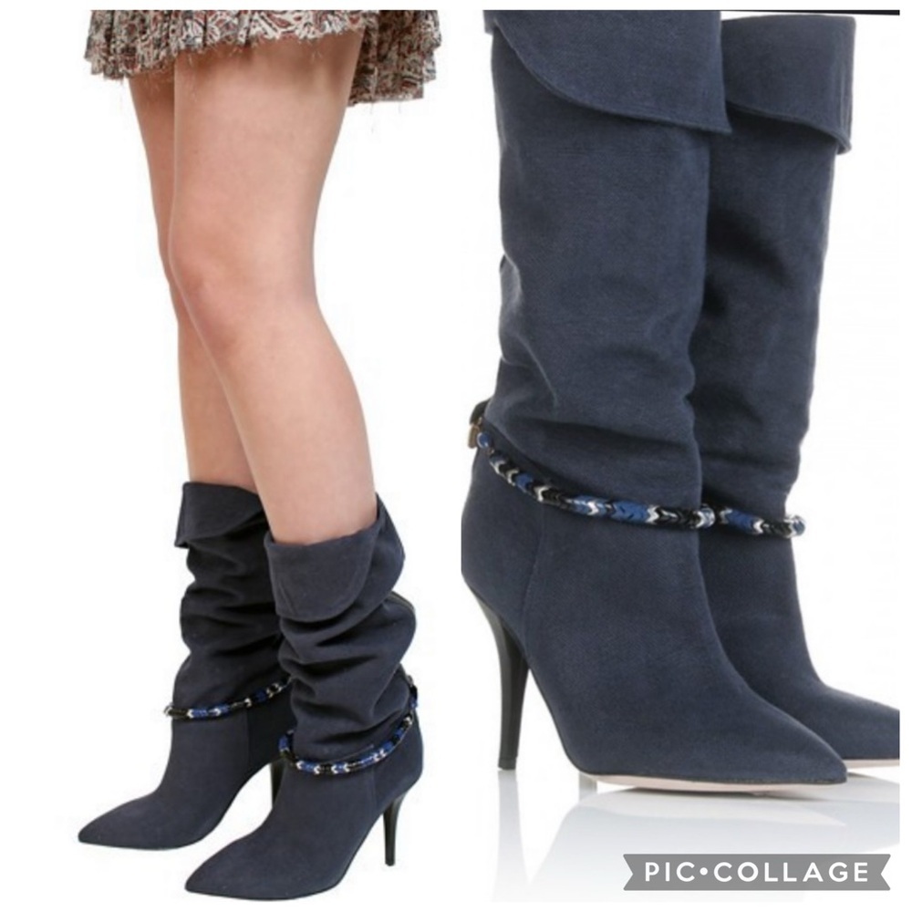 Isabel Marant Franklin Canvas Knee High Boots Beaded Charm Navy Size EU 39 US 8